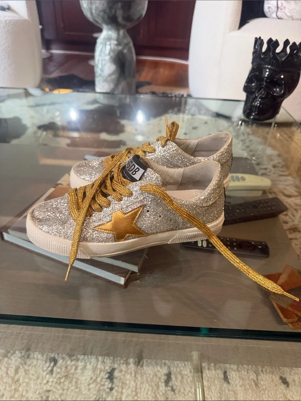 Golden Goose Silver Glitter Distressed Sneakers with Gold Star and Laces
